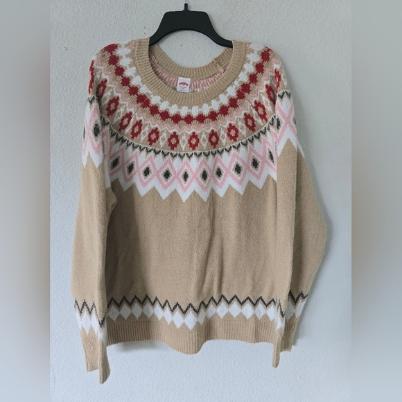 Holiday Time Sweater Women 2X Plus Long Sleeve Grannycore Tan Red Fair Isle New - Picture 5 of 15